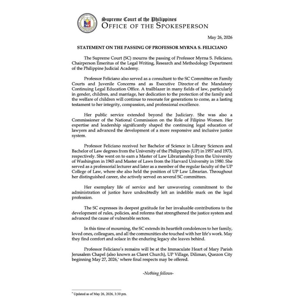 STATEMENT ON THE PASSING OF PROFESSOR MYRNA S. FELICIANO