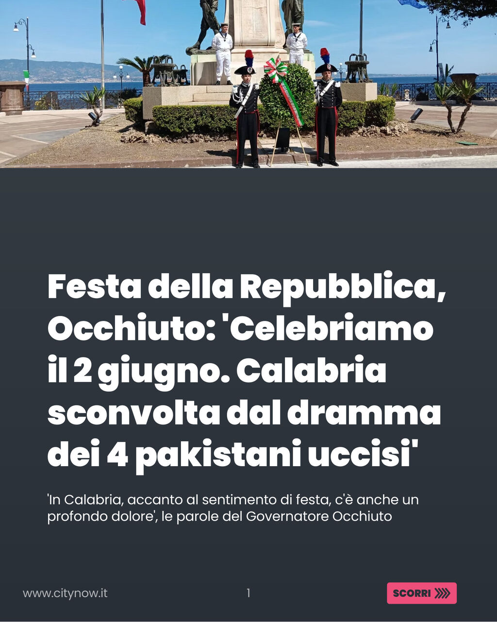 Festa della Repubblica, Occhiuto: &lsquo;Celebriamo il 2 giugno. Calabria sconvolta dal dramma dei 4 pakistani uccisi&rsquo;
