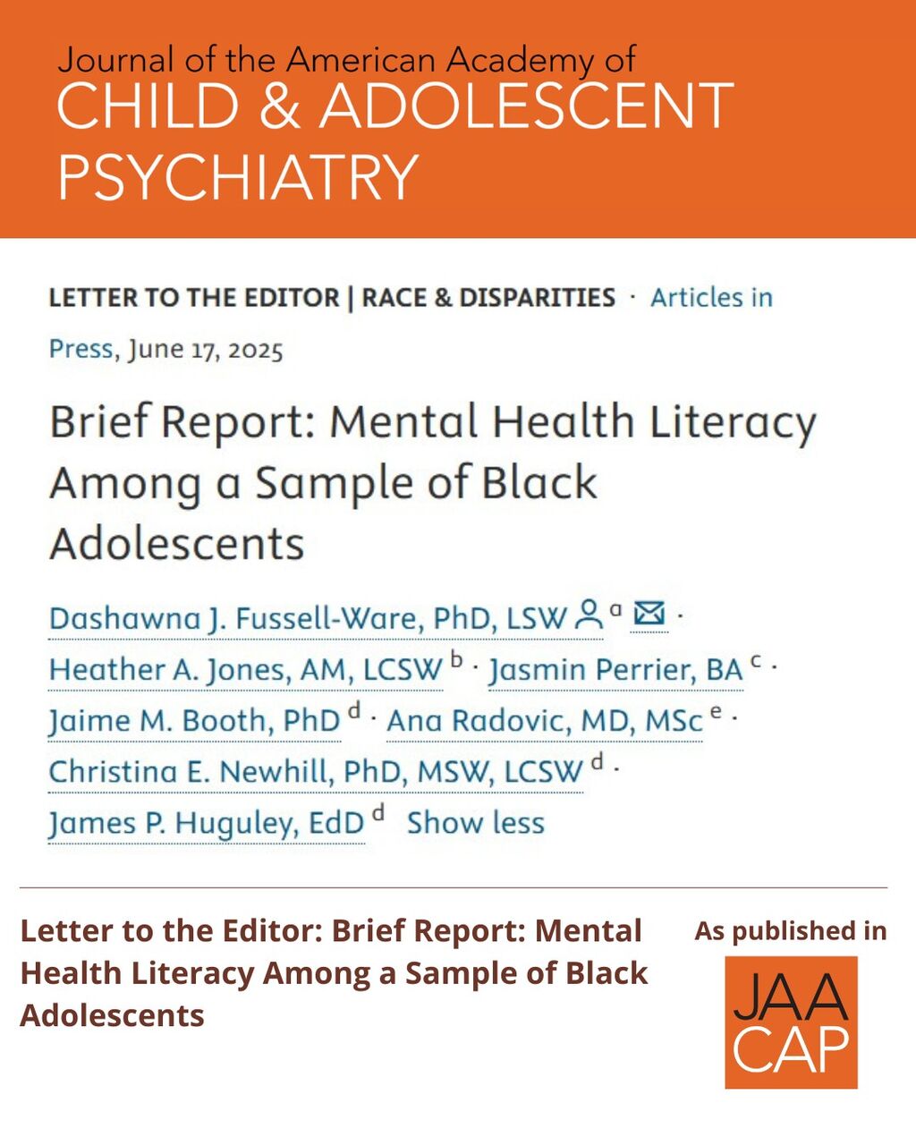 JAACAP 0626 Brief Report: Mental Health Literacy Among a Sample of Black Adolescents