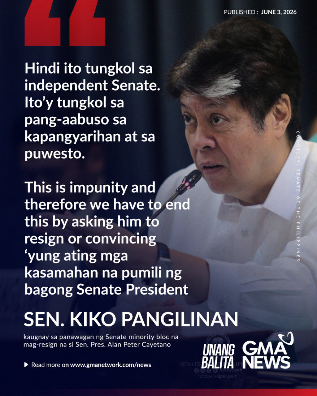 Panayam kay Sen. Kiko Pangilinan, member, Senate minority bloc (June 3, 2026) | Unang Balita