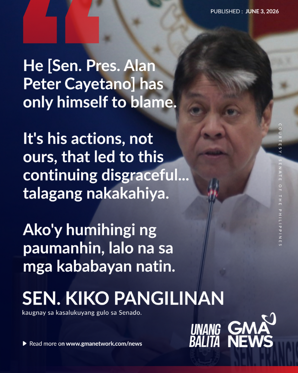 Panayam kay Sen. Kiko Pangilinan, member, Senate minority bloc (June 3, 2026) | Unang Balita