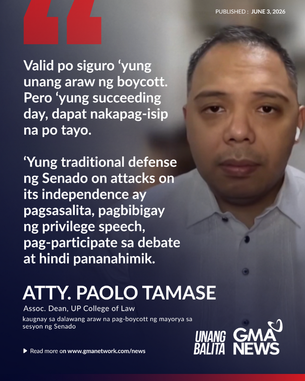 Panayam kay Atty. Paolo Tamase, Assoc. Dean, UP College of Law (June 3, 2026) | Unang Balita