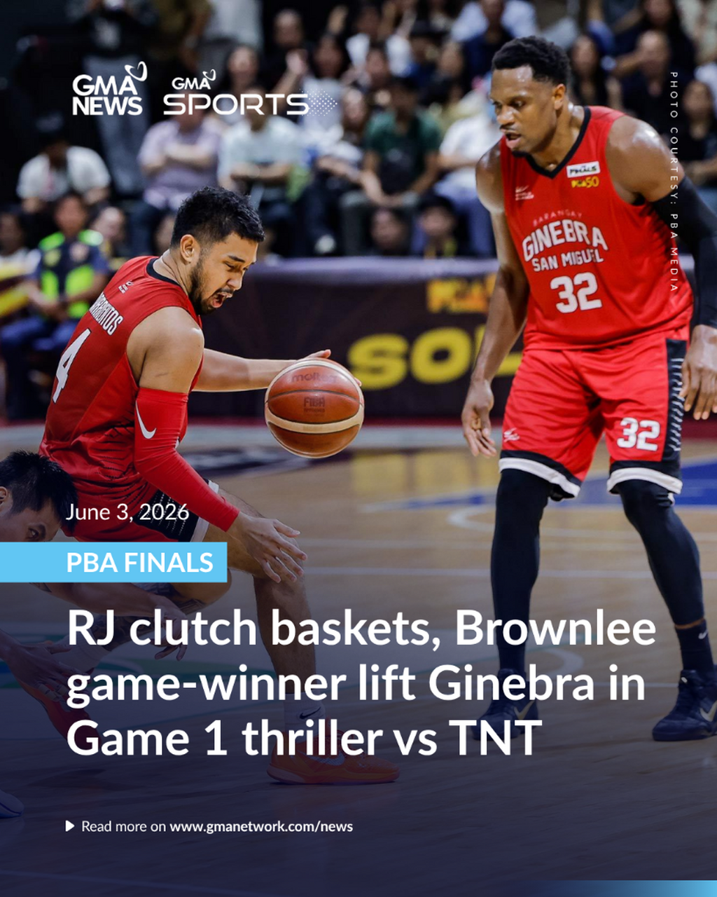 PBA Finals: RJ clutch baskets, Brownlee game-winner lift Ginebra in Game 1 thriller vs TNT