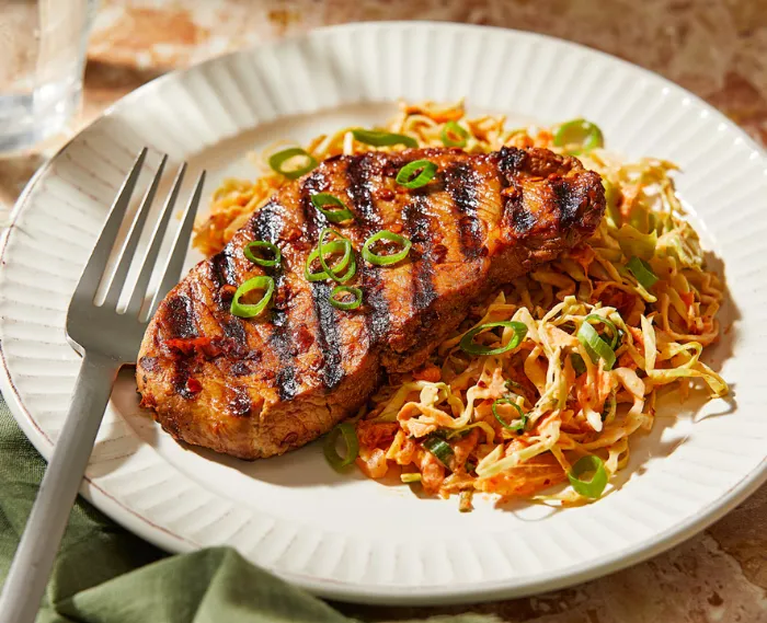 Chili Crisp Pork Chops with Kimchi Slaw
