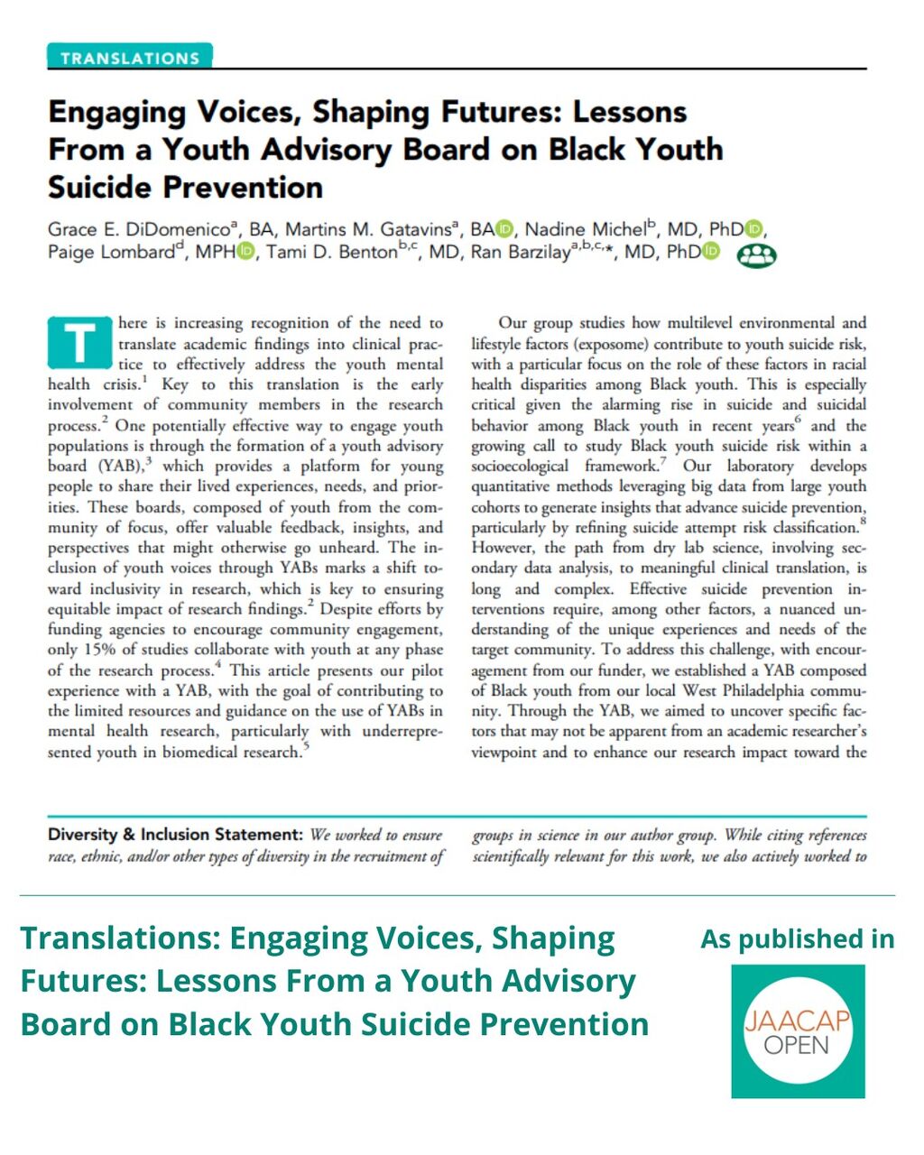 JO 1225 Engaging Voices, Shaping Futures: Lessons From a Youth Advisory Board on Black Youth Suicide Prevention