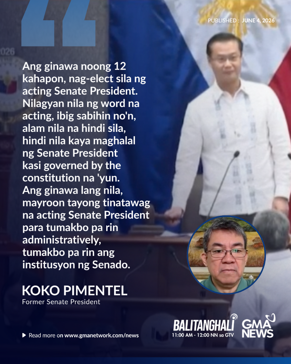 Panayam kay Koko Pimentel, Former Senate President (June 4, 2026) | Balitanghali