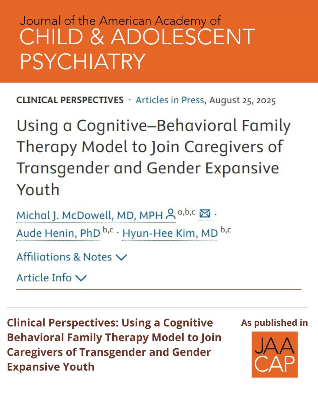 JAACAP 0626 Using a Cognitive Behavioral Family Therapy Model to Join Caregivers of Transgender and Gender Expansive Youth