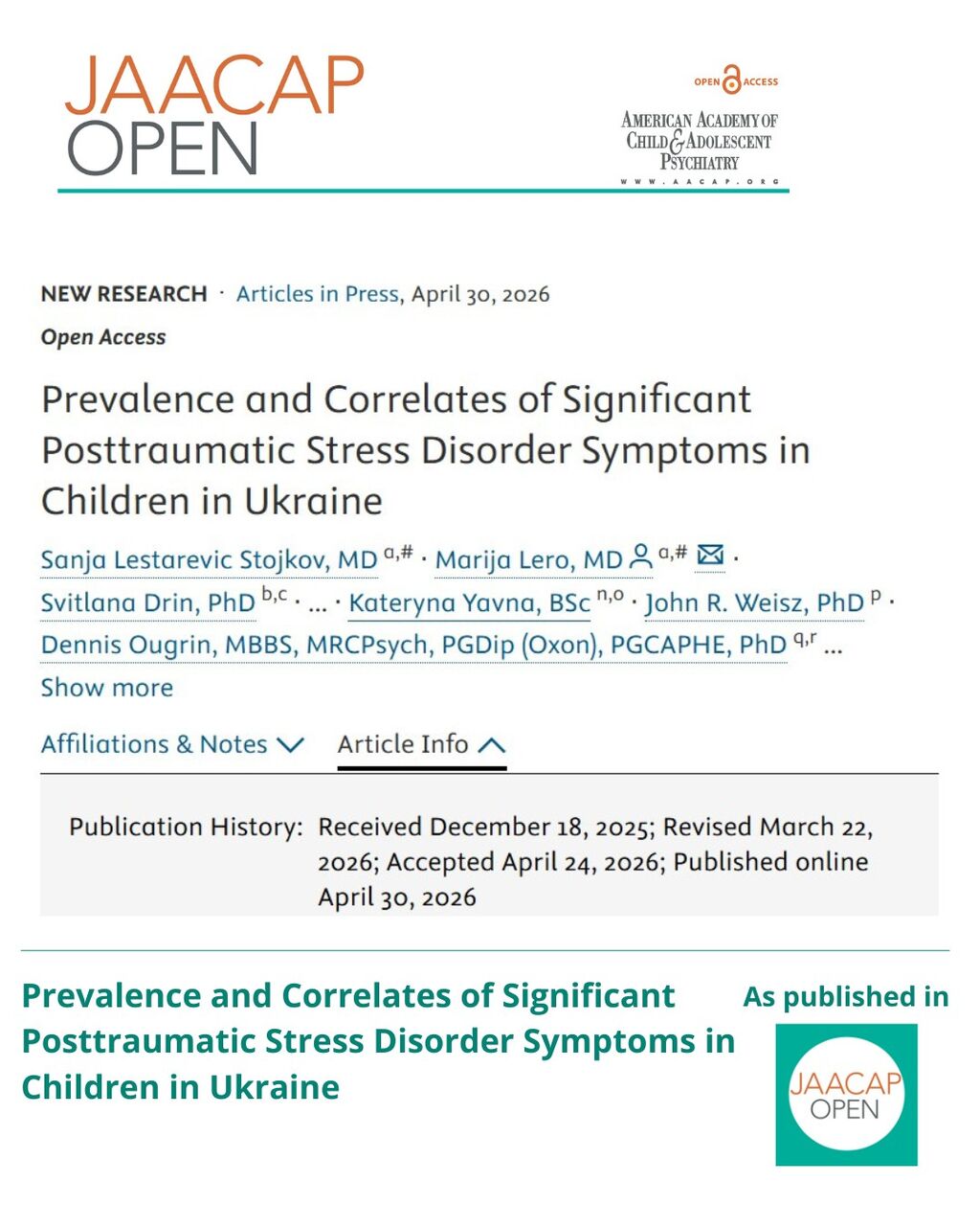 JO AIP Prevalence and Correlates of Significant Posttraumatic Stress Disorder Symptoms in Children in Ukraine