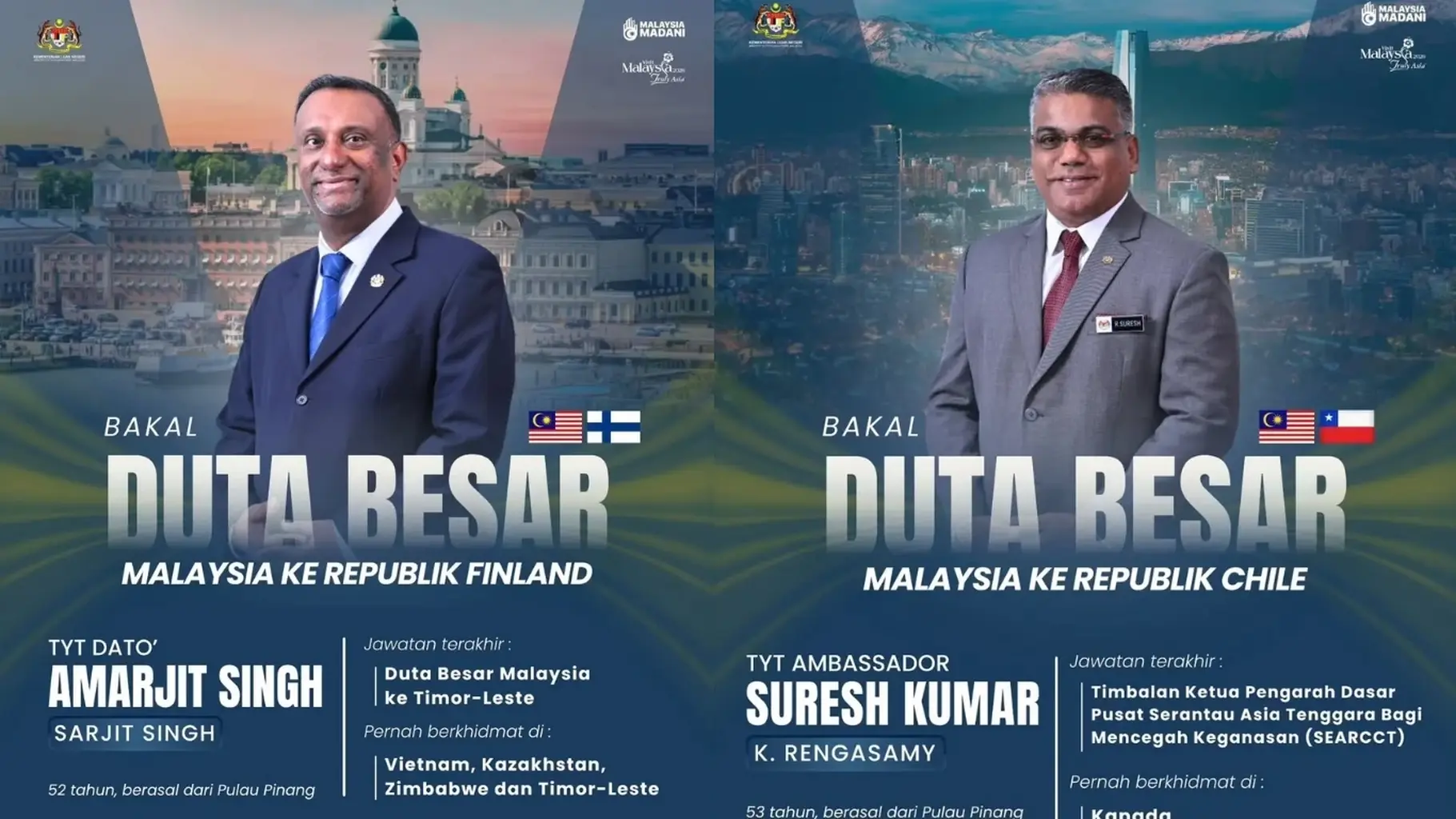 Dato' Amarjit Singh and Suresh Kumar Appointed as Malaysia's Ambassadors to Finland and Chile