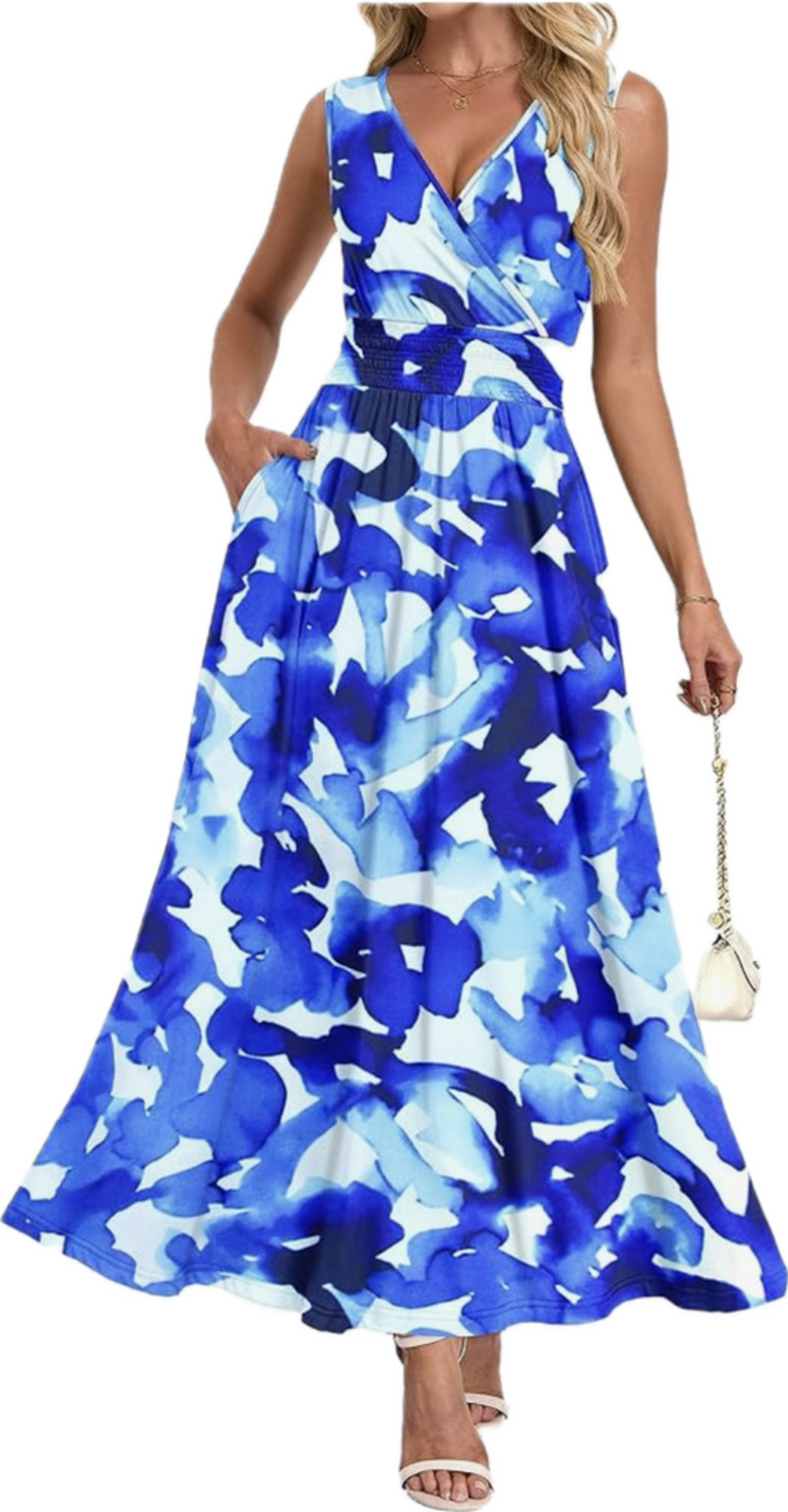 Maxi Dress - Blue Floral V Neck 