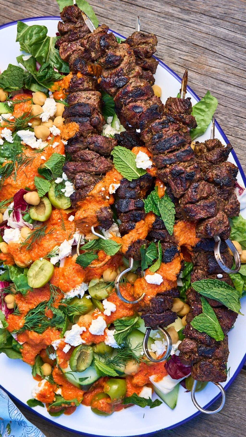 Mediterranean Salad with Grilled American Lamb Kebabs and Red Pepper Dressing