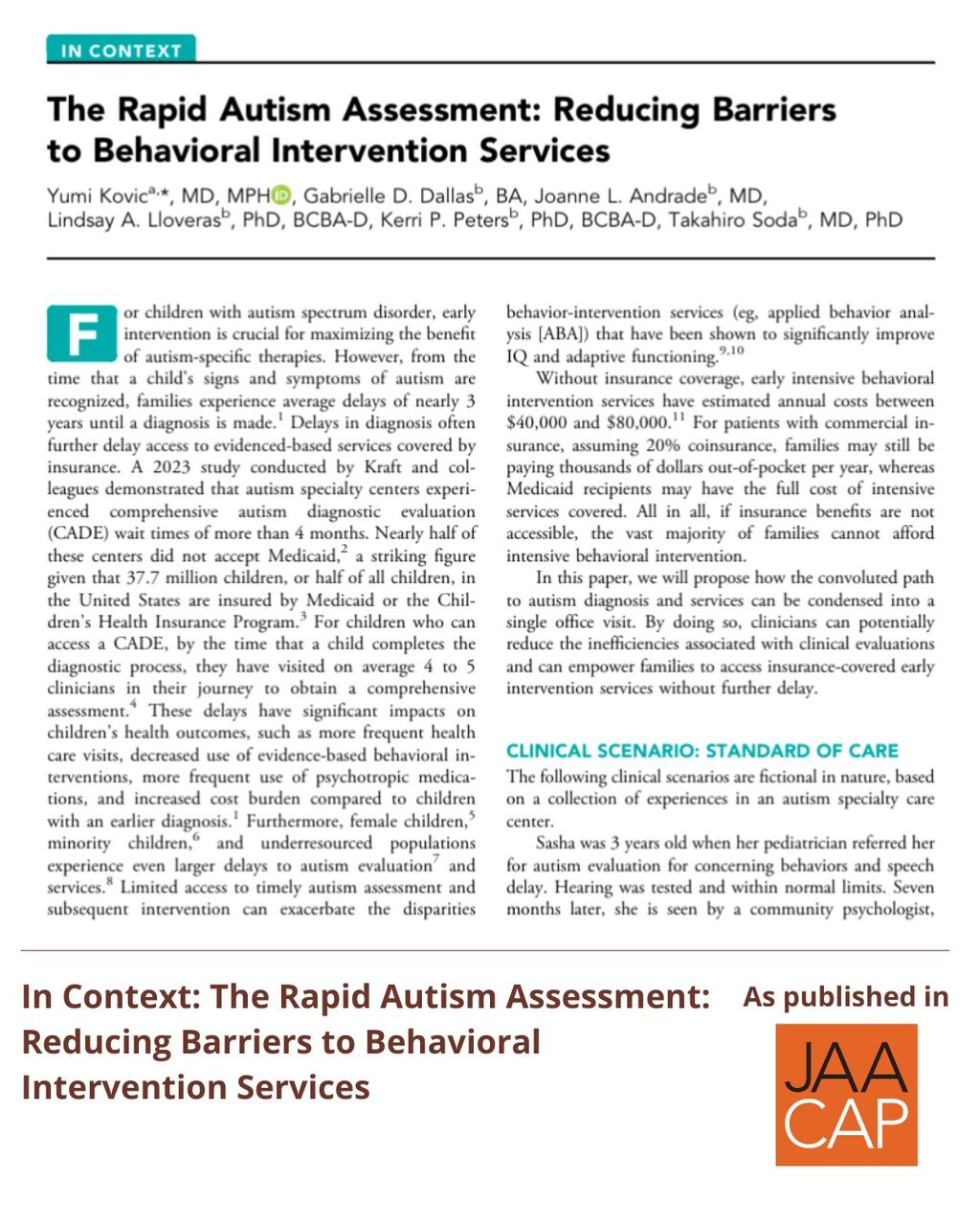 JAACAP 1225 The Rapid Autism Assessment: Reducing Barriers to Behavioral Intervention Services