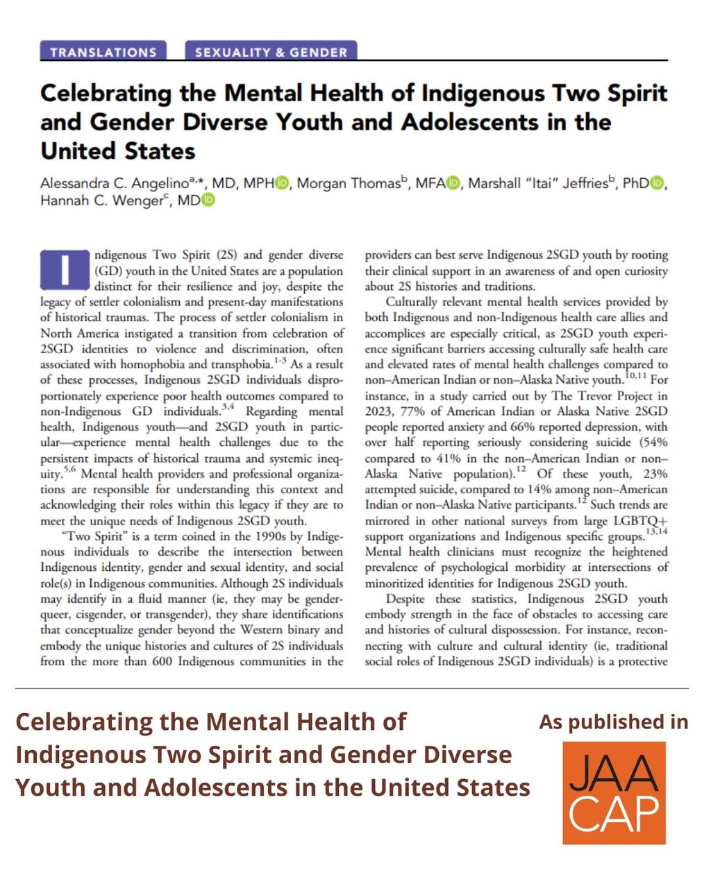 JAAC 0625 Celebrating the Mental Health of Indigenous Two Spirit and Gender Diverse Youth and Adolescents in the United States