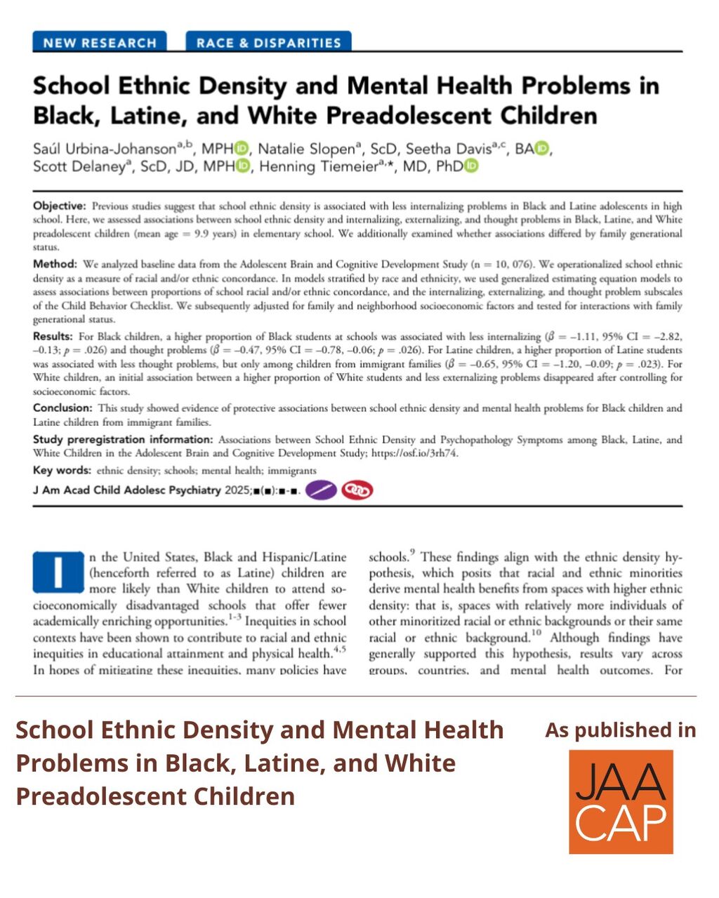 JAACAP 1225 School Ethnic Density and Mental Health Problems in Black, Latine, and White Preadolescent Children
