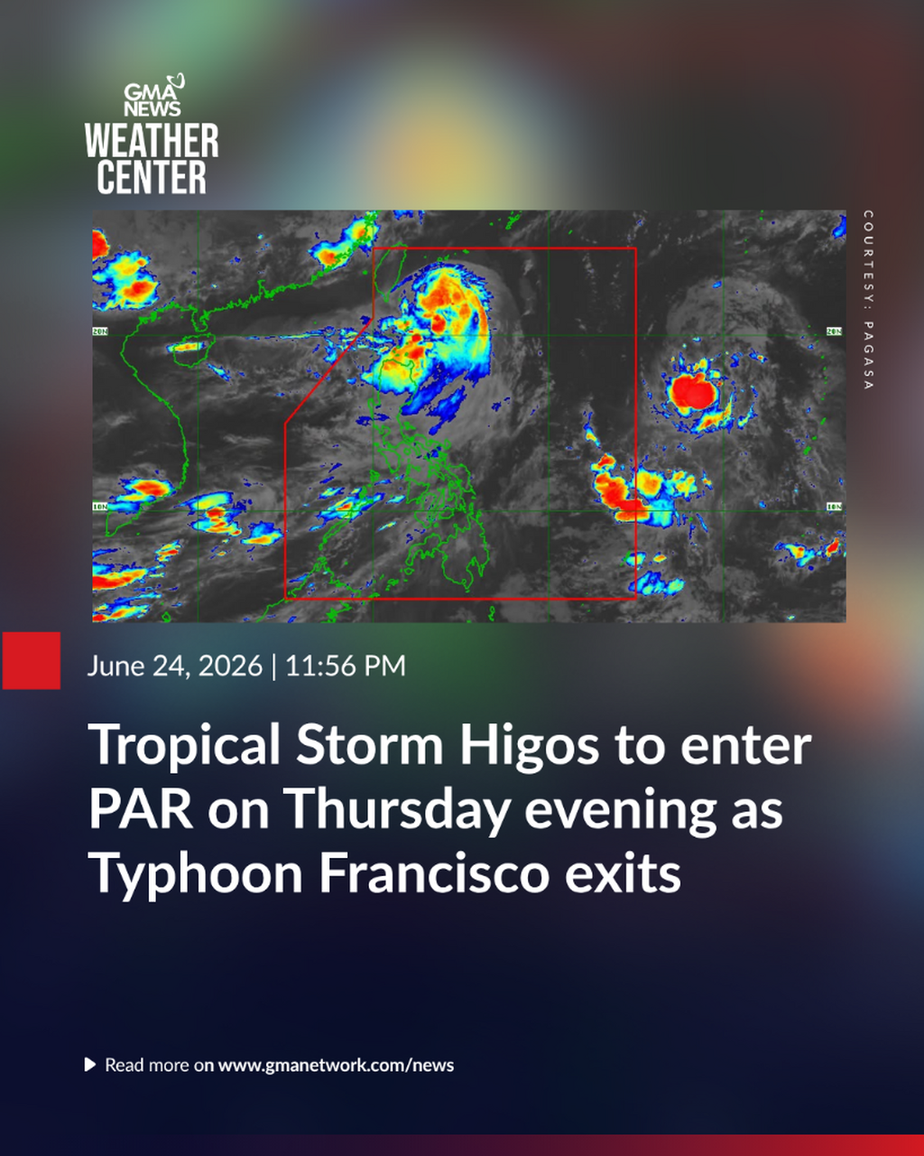 Tropical Storm Higos to enter PAR on Thursday evening as Typhoon Francisco exits