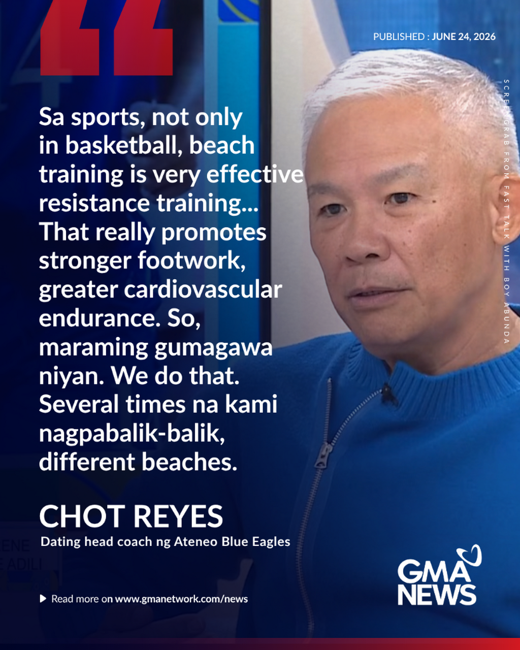 Coach Chot Reyes, sinabing matagal nang ginagawa ang beach training; nanawagang itigil ang espekulasyon