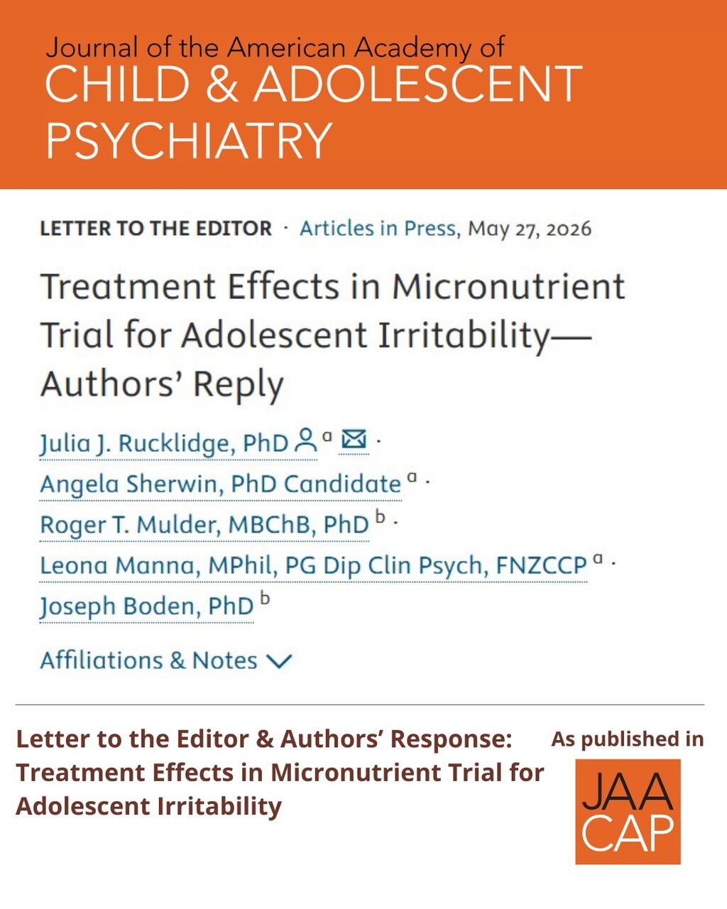 JAACAP AIP Heterogeneity of Treatment Effects in Micronutrient Trials for Adolescent Irritability