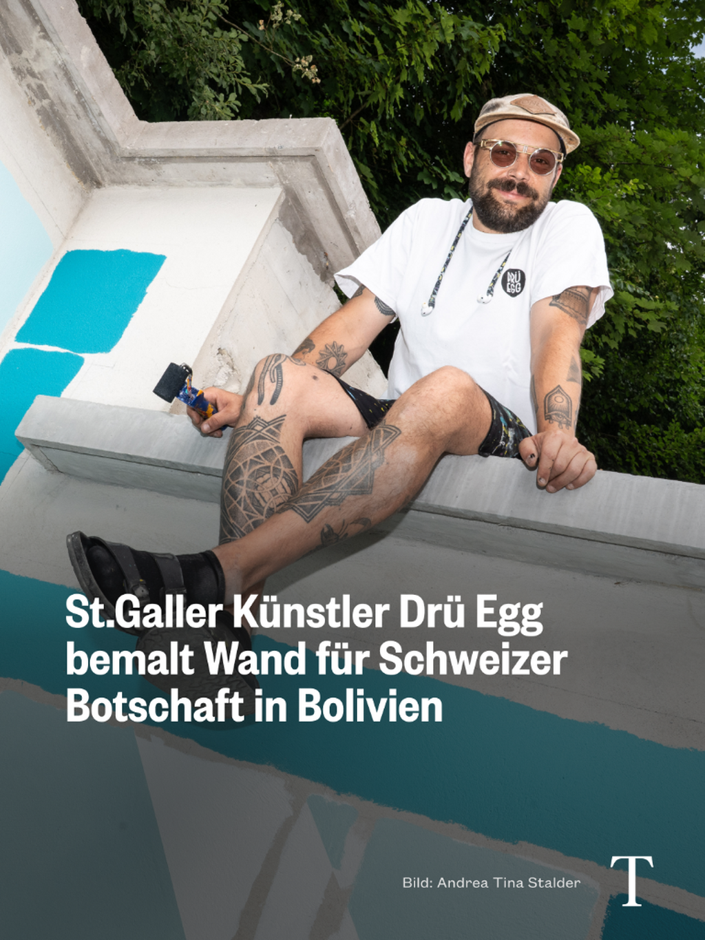 St.Galler K&uuml;nstler Dr&uuml; Egg bemalt Wand f&uuml;r Schweizer Botschaft in Bolivien
