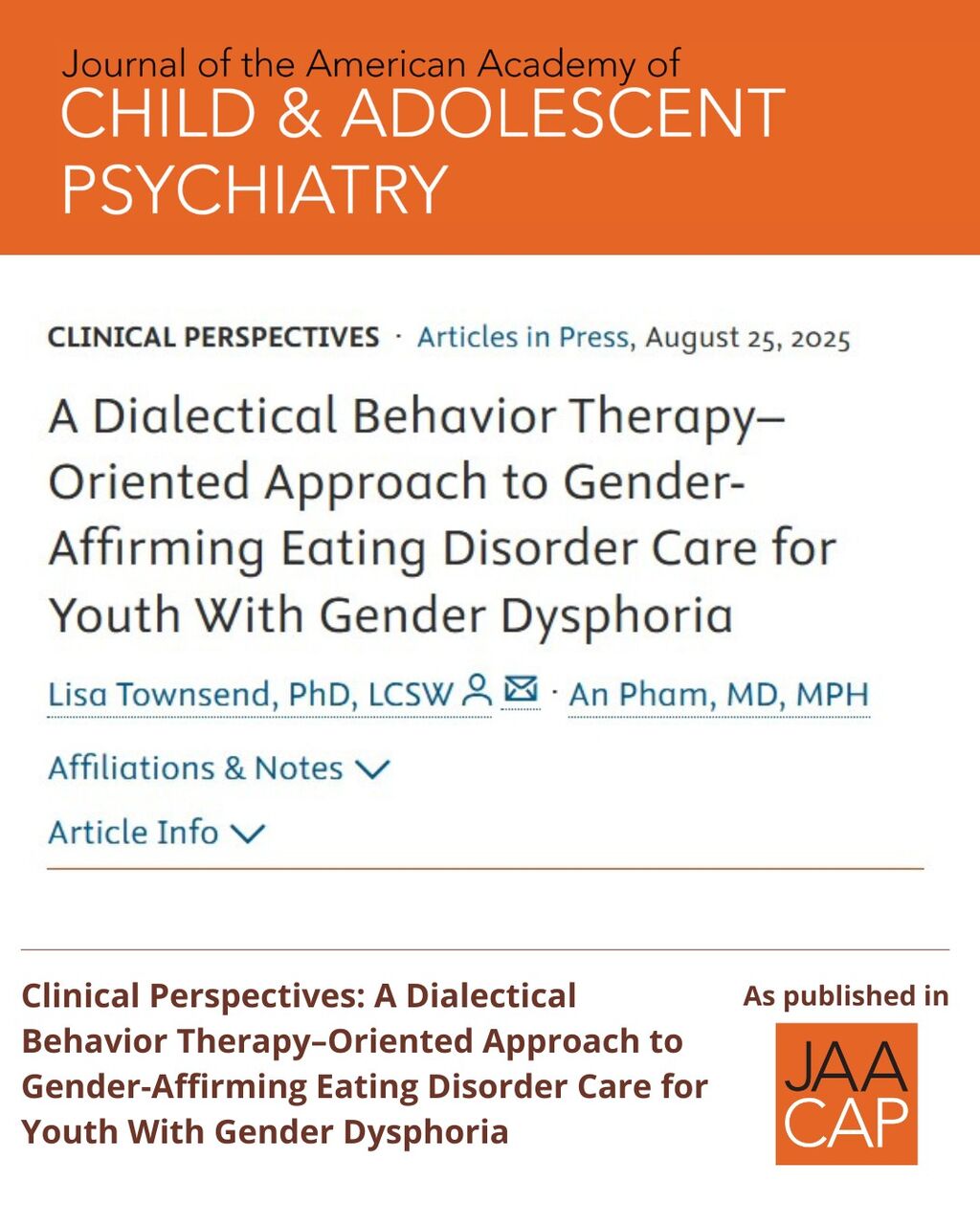 JAACAP 0726 A Dialectical Behavior Therapy&ndash;Oriented Approach to Gender-Affirming Eating Disorder Care for Youth With Gender Dysphoria