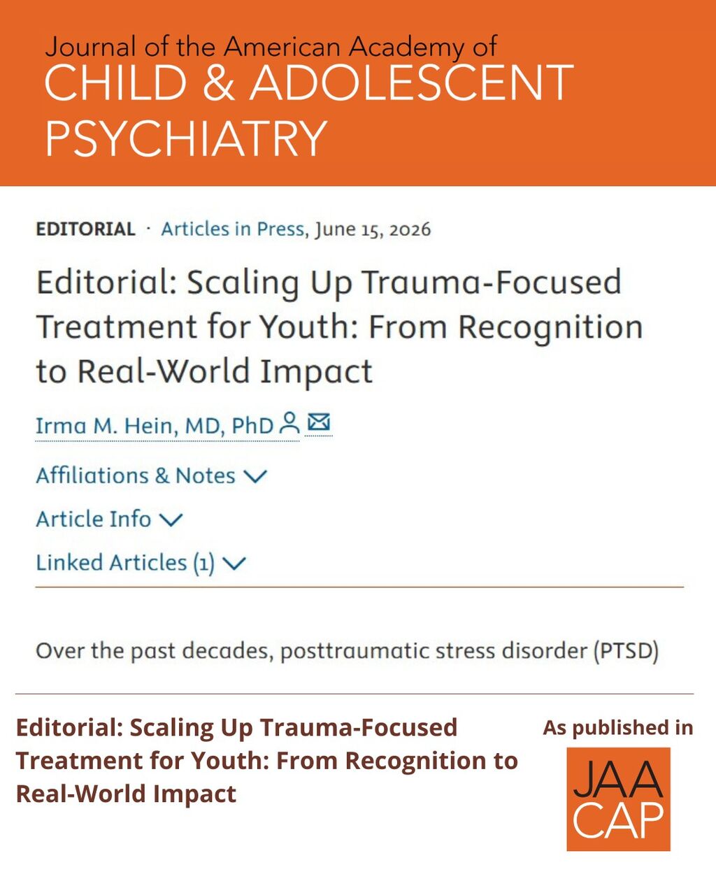 JAACAP AIP Editorial: Scaling Up Trauma-Focused Treatment for Youth: From Recognition to Real-World Impact