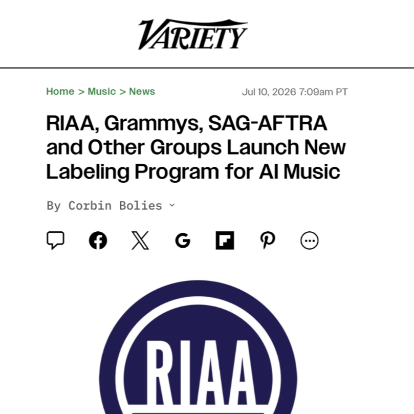 Variety: RIAA, Grammys, SAG-AFTRA and Other Groups Launch New Labeling Program for AI Music