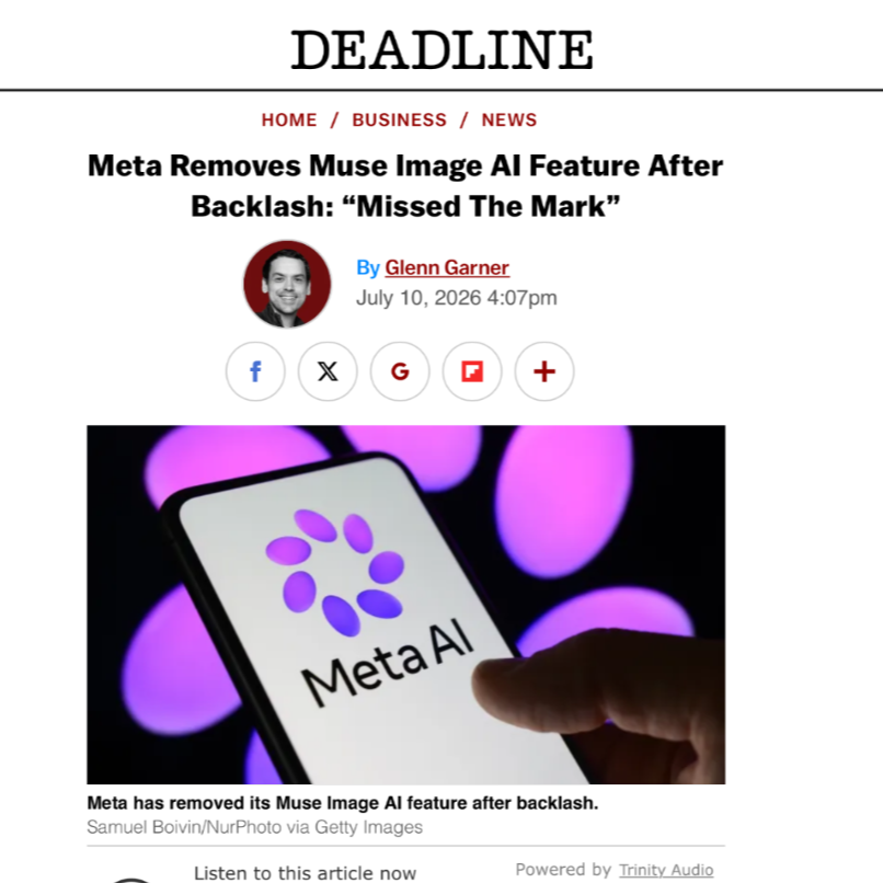 Deadline: Meta Removes Muse Image AI Feature After Backlash: &ldquo;Missed The Mark&rdquo;