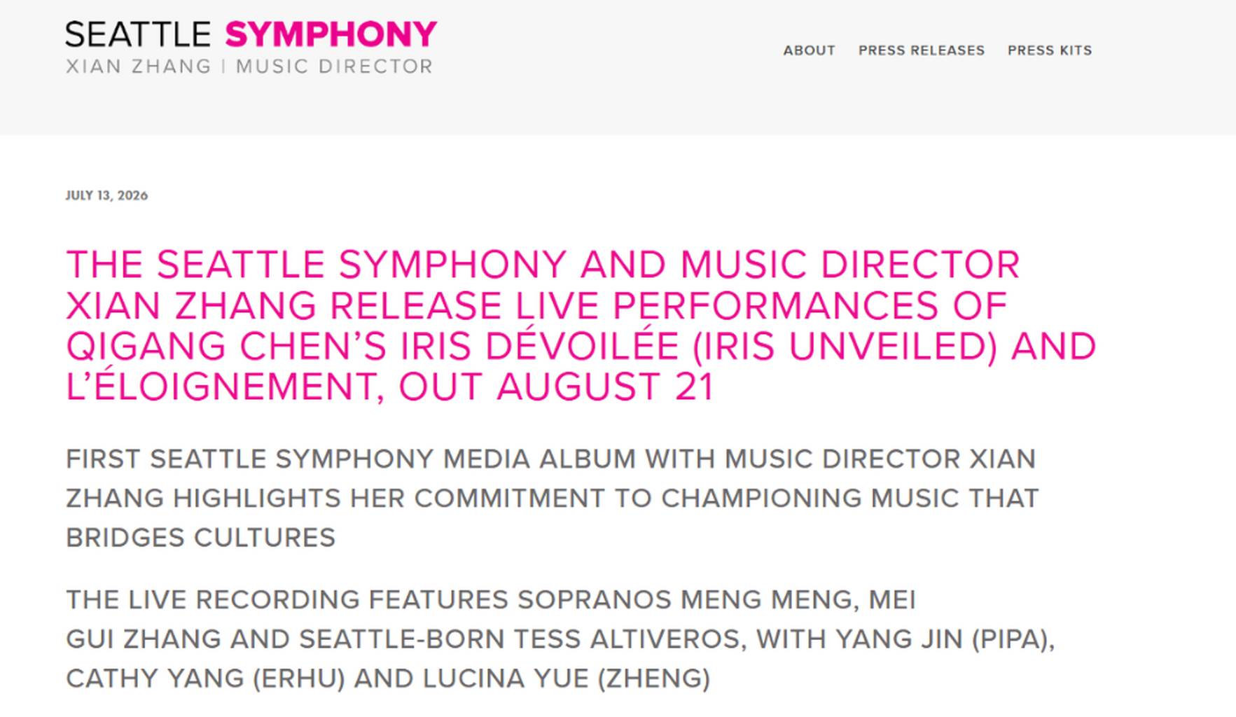 ALBUM RELEASE: THE SEATTLE SYMPHONY AND MUSIC DIRECTOR XIAN ZHANG RELEASE LIVE PERFORMANCES OF QIGANG CHEN&rsquo;S IRIS D&Eacute;VOIL&Eacute;E (IRIS UNVEILED) AND L&rsquo;&Eacute;LOIGNEMENT, OUT AUGUST 21 