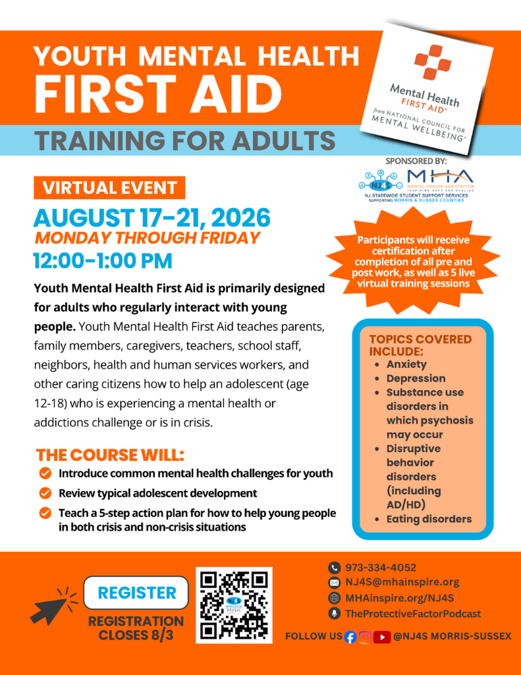 Youth Mental Health First Aid Training for ADULTS - August 2026
