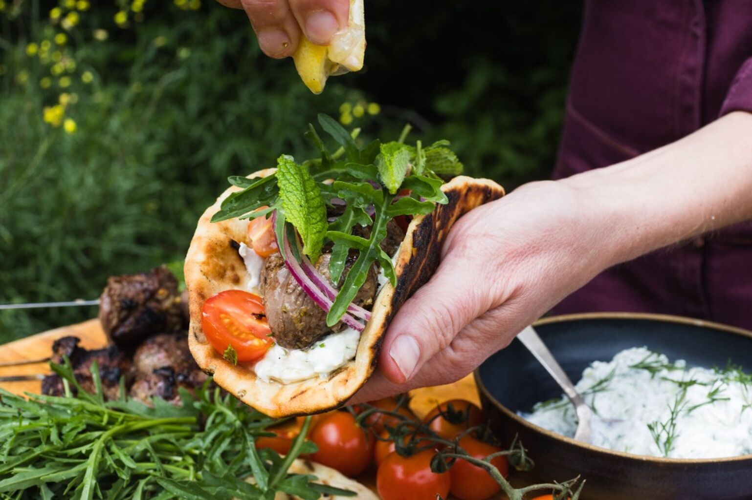 American Lamb Souvlaki with Grilled Garlic Butter Pita and Tzatziki