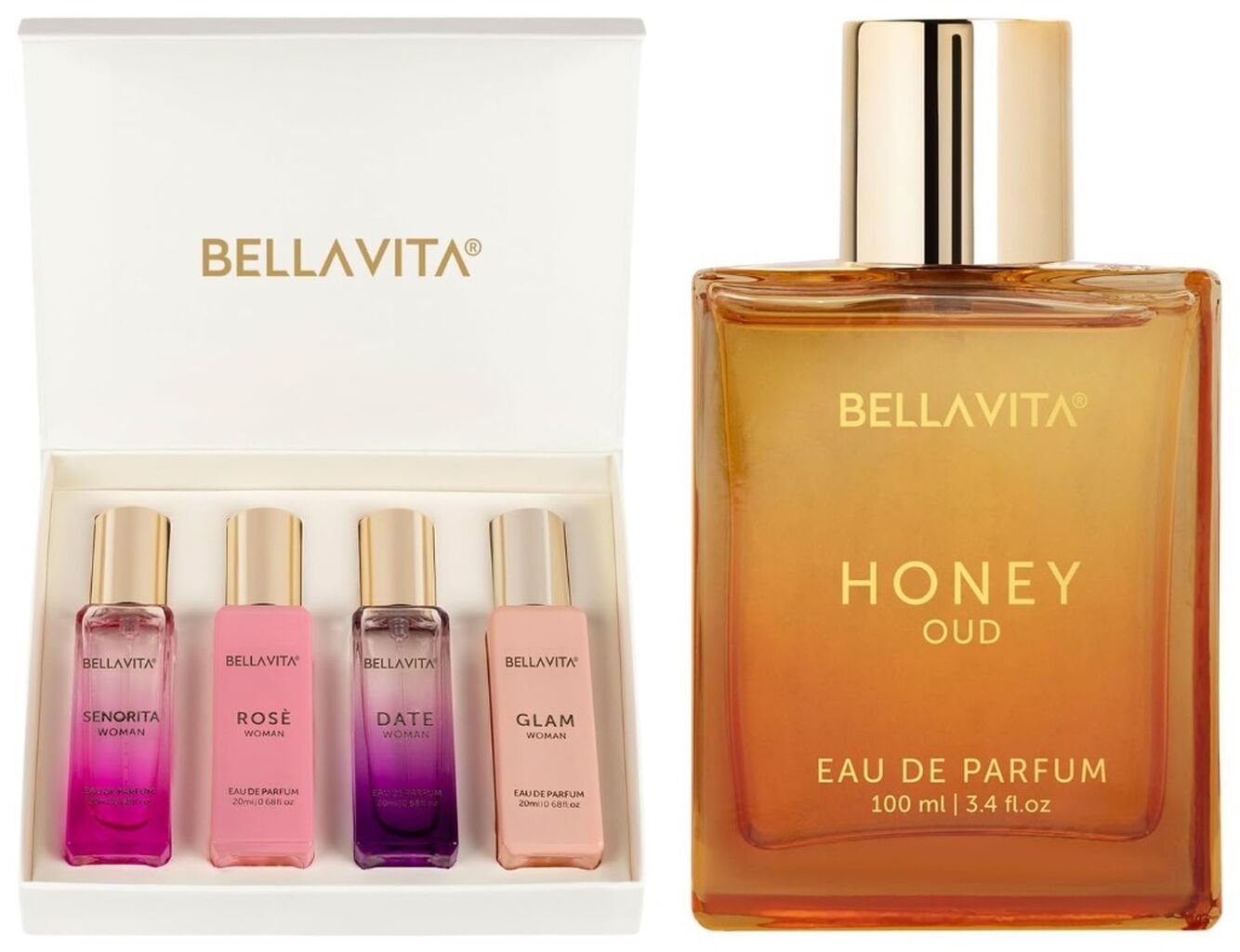 Bella Vita Luxury Gift Set Combo For Women's - Honey Oud & Women's Gift Set | Vannila, Floral, Bergamot, Sweet & Spicy | Long Lasting Perfume for Women | Vegan & Cruelty Free - (4 * 20 ml + 100 ml)