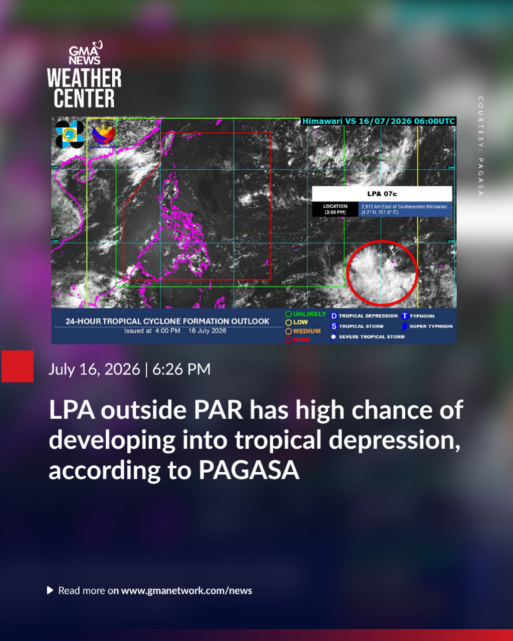 LPA outside PAR has high chance of developing into tropical depression, according to PAGASA
