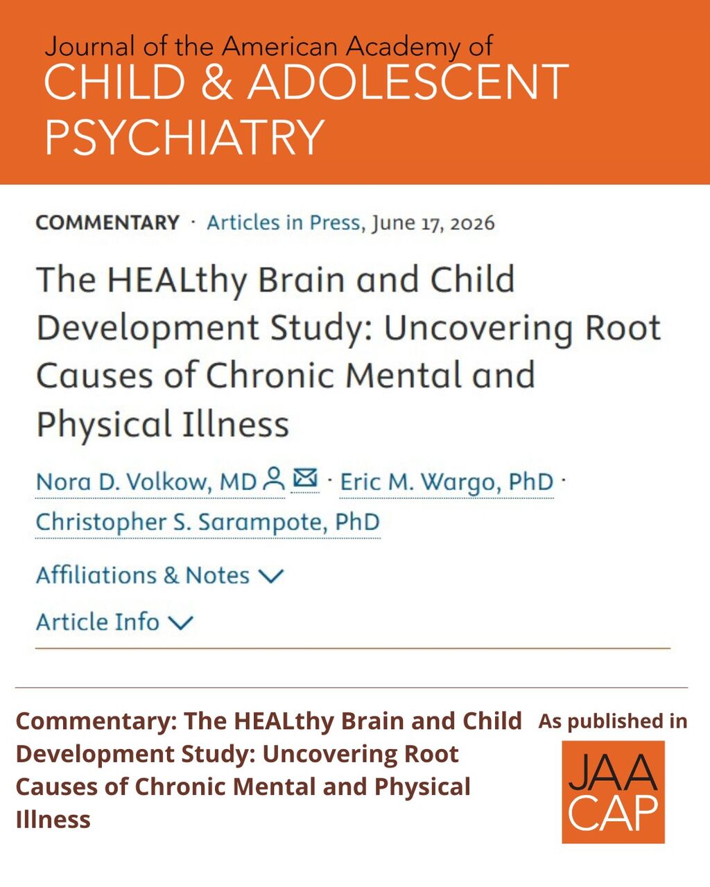 JAACAP AIP The HEALthy Brain and Child Development Study: Uncovering Root Causes of Chronic Mental and Physical Illness