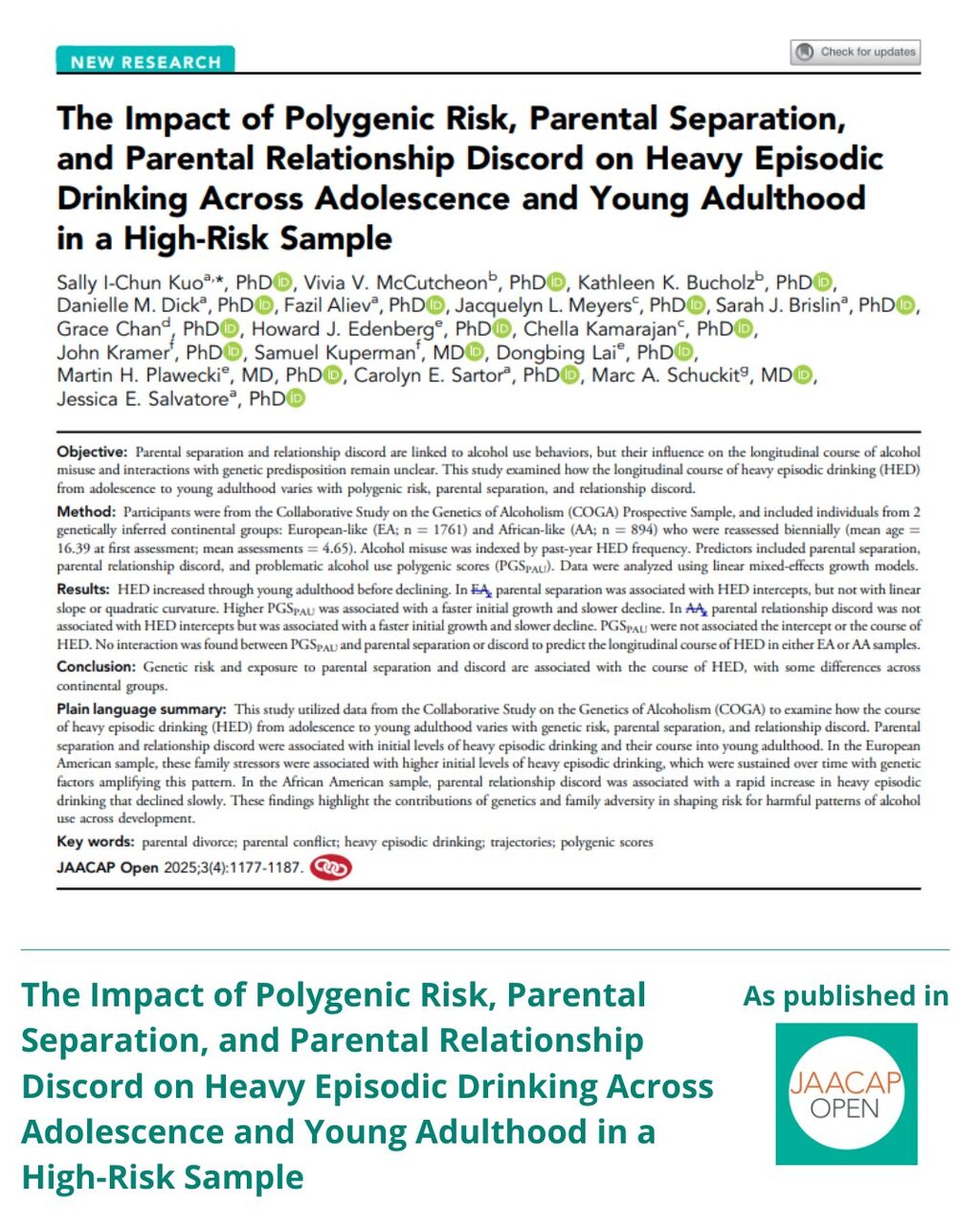 JO 2025 The Impact of Polygenic Risk, Parental Separation, and Parental Relationship Discord on Heavy Episodic Drinking Across Adolescence and Young Adulthood in a High-Risk Sample