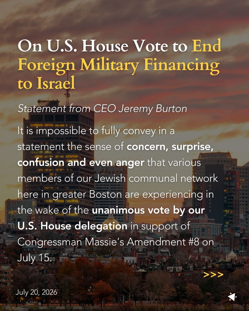 On U.S. House Vote to End Foreign Military Financing to Israel