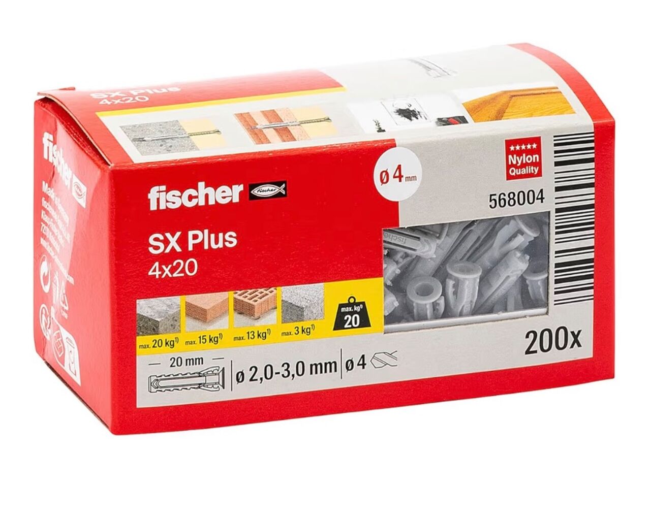 fischer 568004 SX Plus Expansion Wall Plug 4mm x 20mm Pack of 200