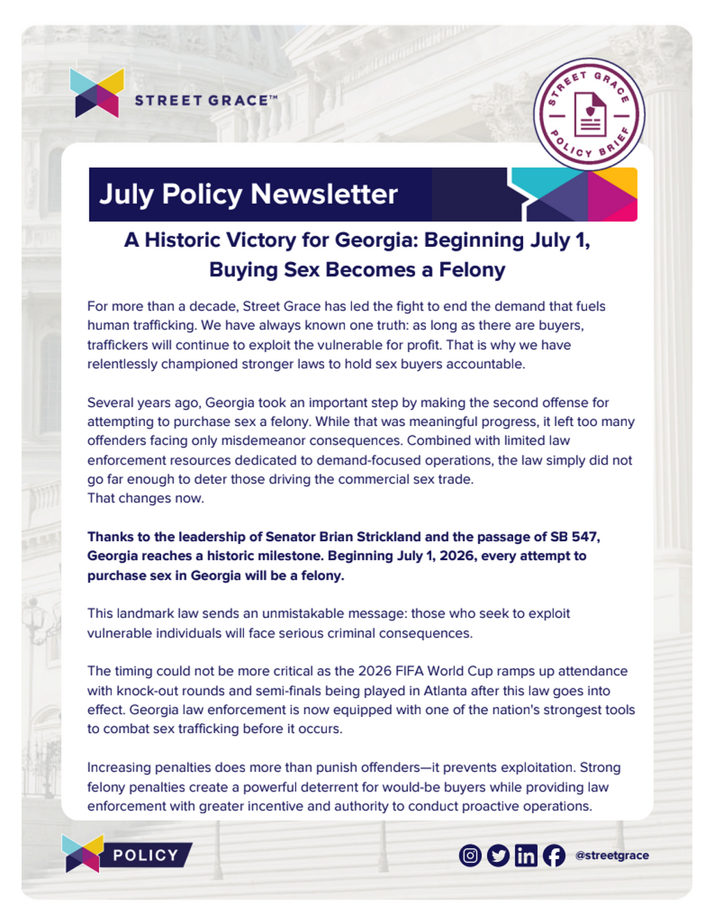 A Historic Victory for Georgia: Beginning July 1, Buying Sex Becomes a Felony &mdash; Street Grace | Help Protect Children from Sexual Exploitation