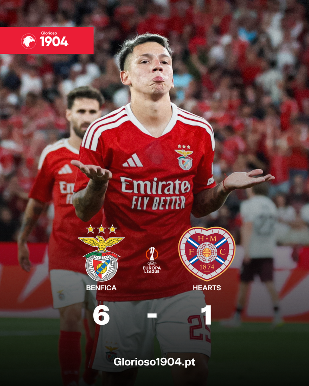 Rolo compressor! Benfica goleia Hearts e est&aacute; com um p&eacute; e meio no play-off da Liga Europa (6-1)