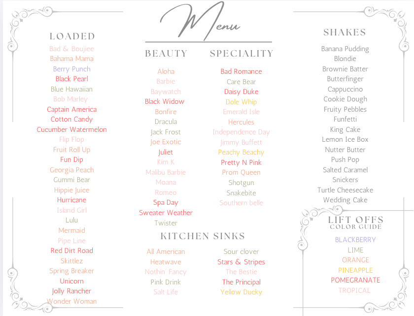 Florence Nutrition Menu -Colorcoded