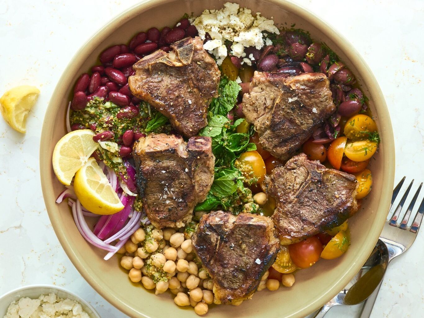 American Lamb Loin Chops with Mediterranean Bean Salad