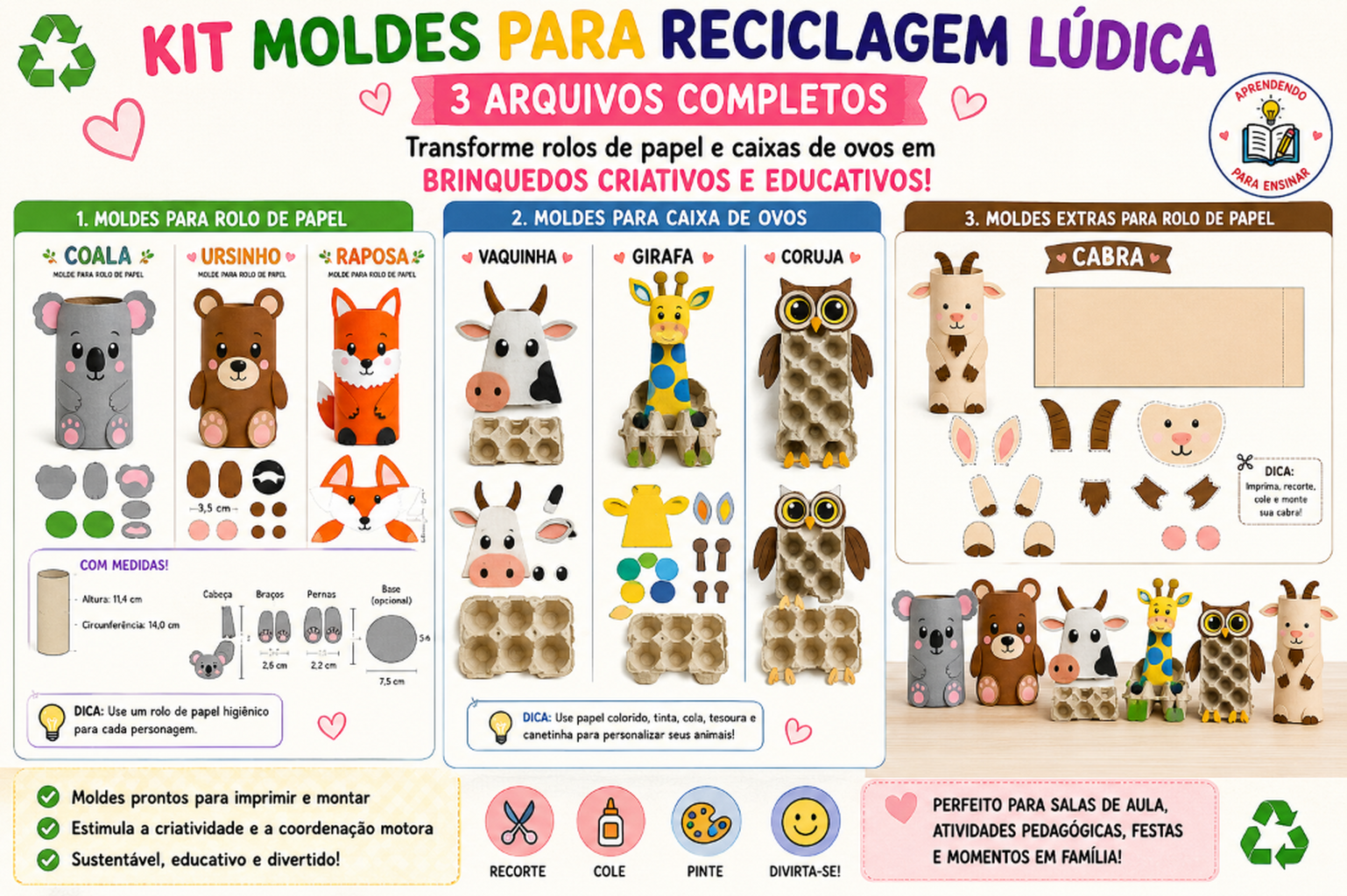 Kit completo reciclagem l&uacute;dica com rolinhos de papel e caixas de ovos