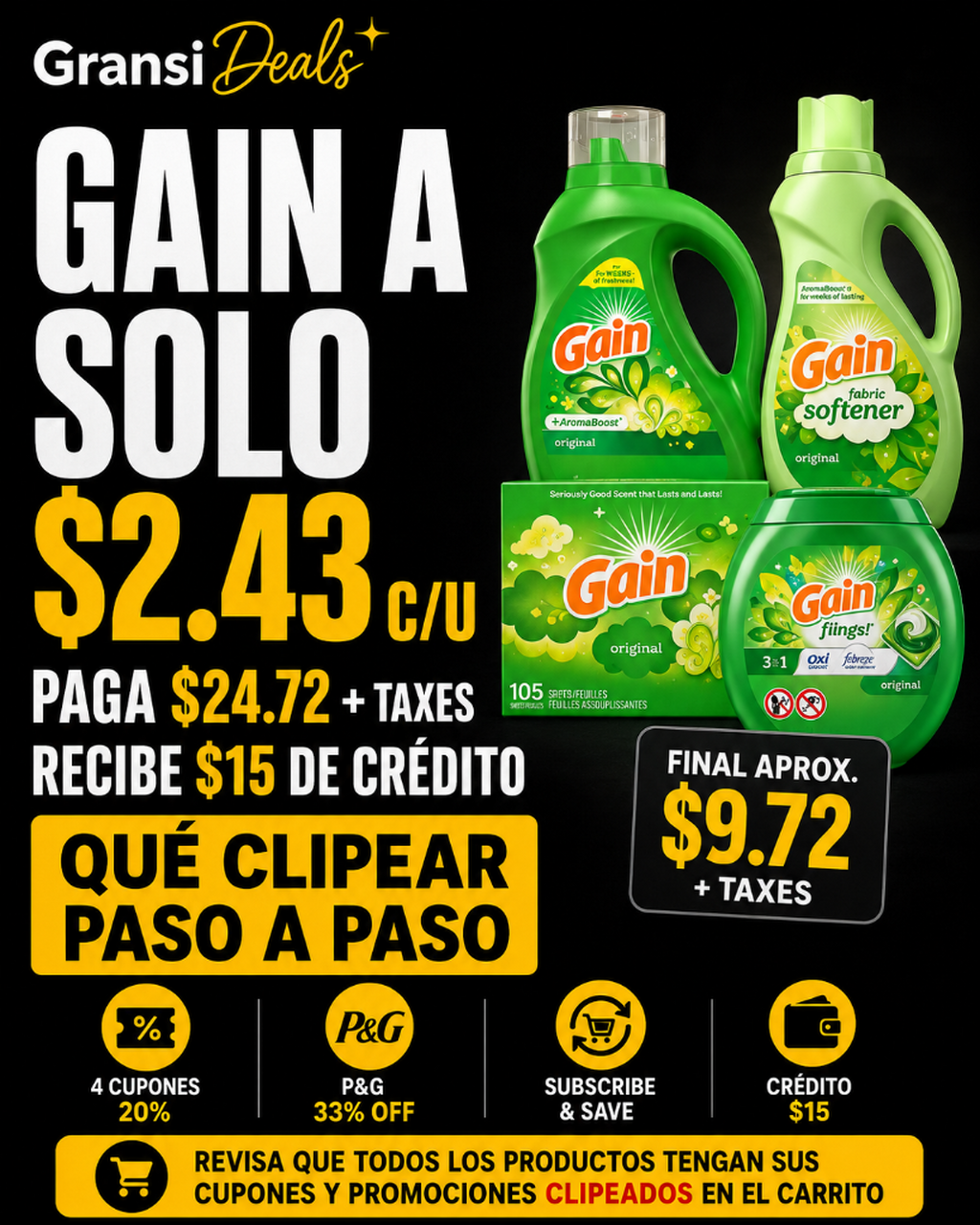 Gain por solo $2.43 c/u en Amazon &mdash; 4 productos por $9.72