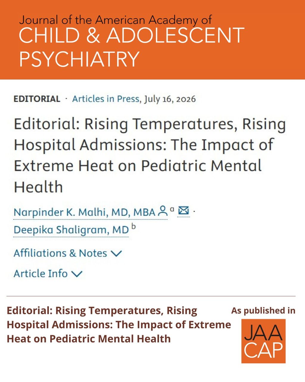 JAACAP AIP Editorial: Rising Temperatures, Rising Hospital Admissions: The Impact of Extreme Heat on Pediatric Mental Health