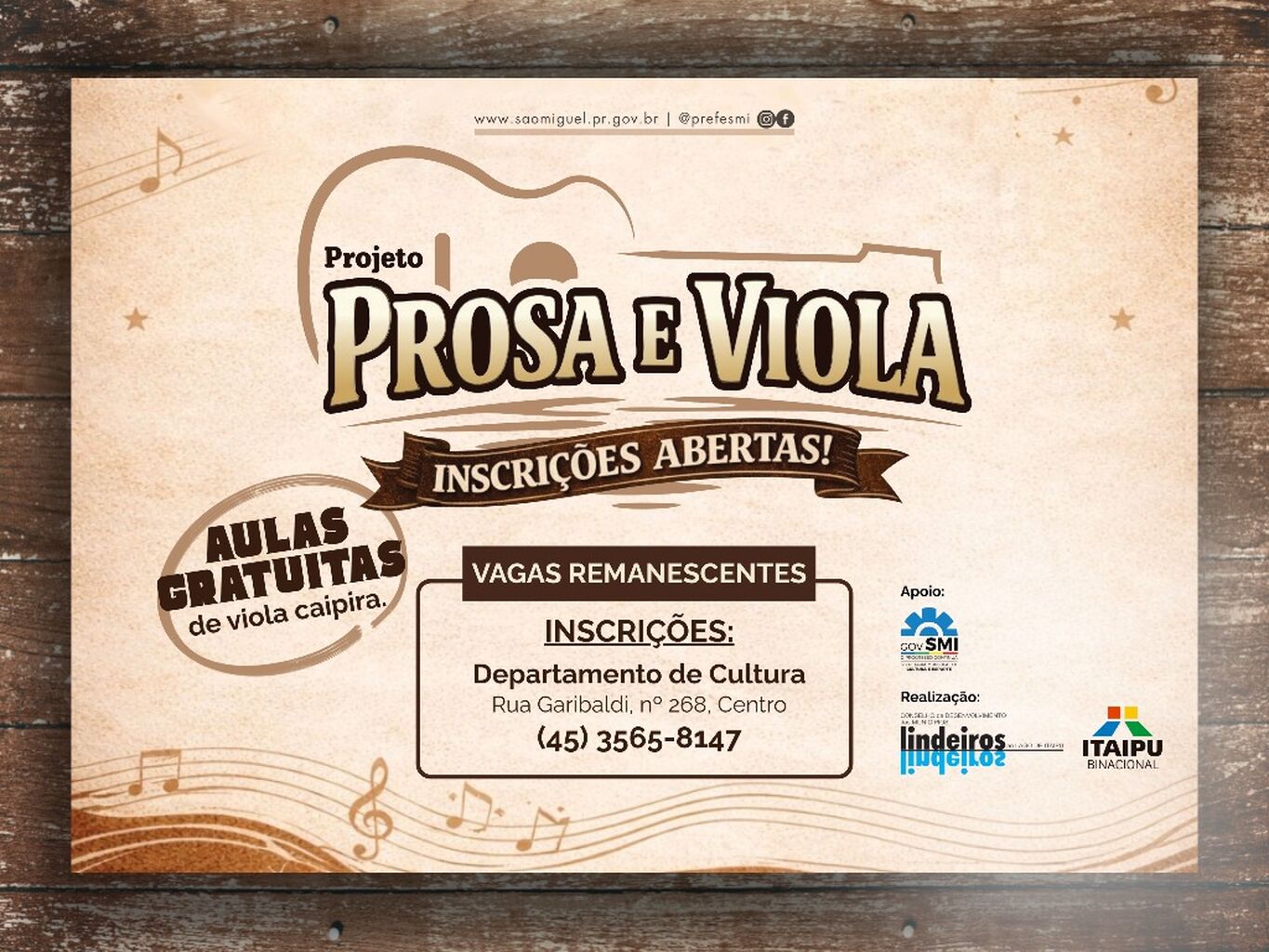 Abertas inscri&ccedil;&otilde;es para vagas remanescentes do Projeto Prosa e Viola em S&atilde;o Miguel do Igua&ccedil;u
