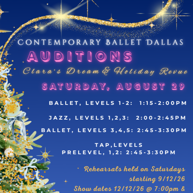 auditions holiday show ballet levels 1-2: august 29, 1:15-2:00pm 
