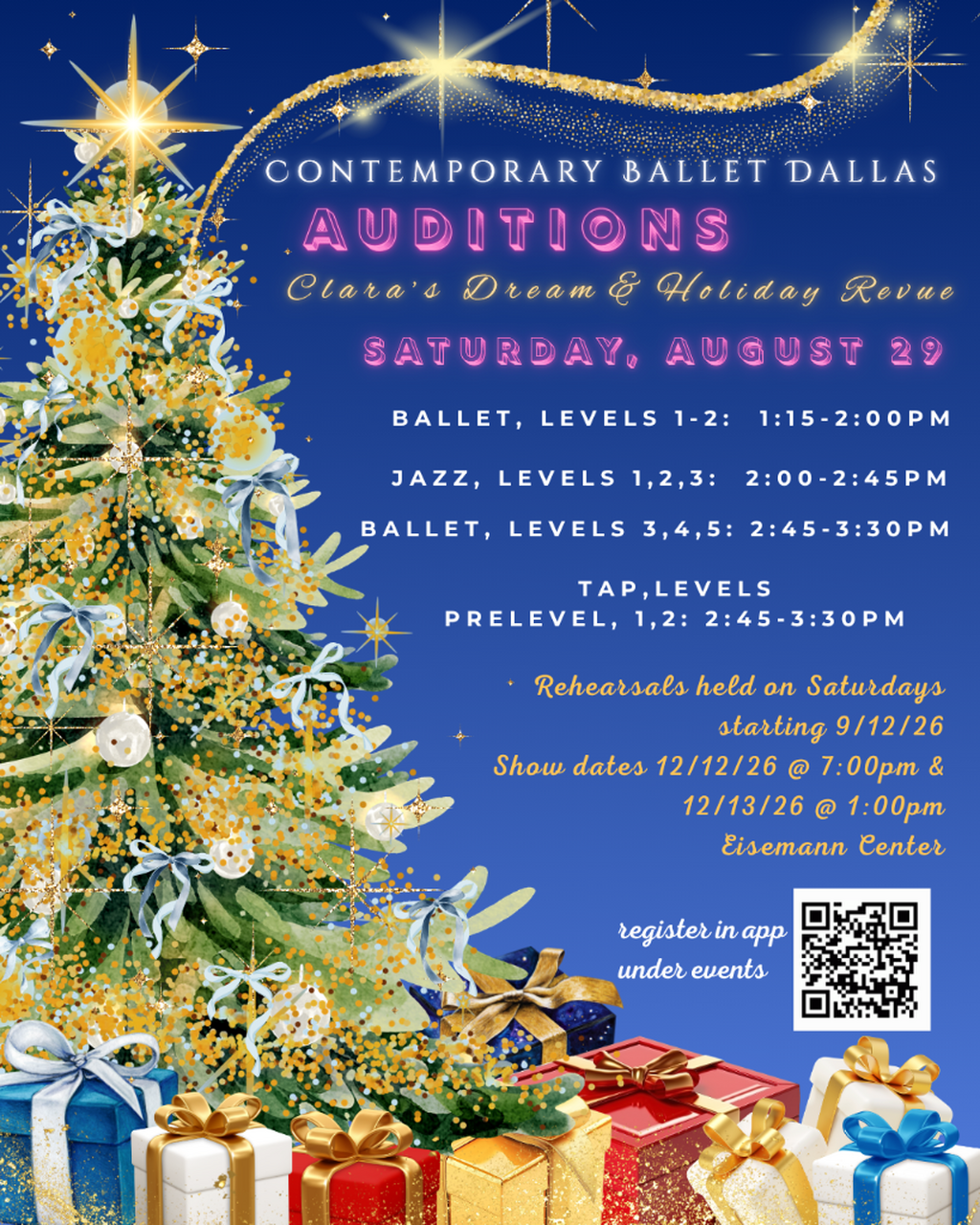 auditions holiday show Ballet levels 3-5, august 29, 2:45-3:30pm
