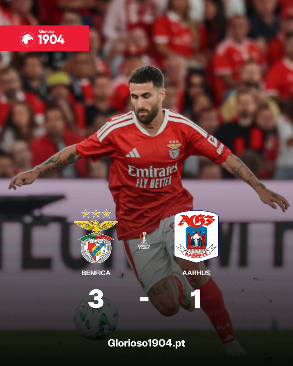 Benfica derrota Aarhus e fica com p&eacute; e meio na Liga Europa