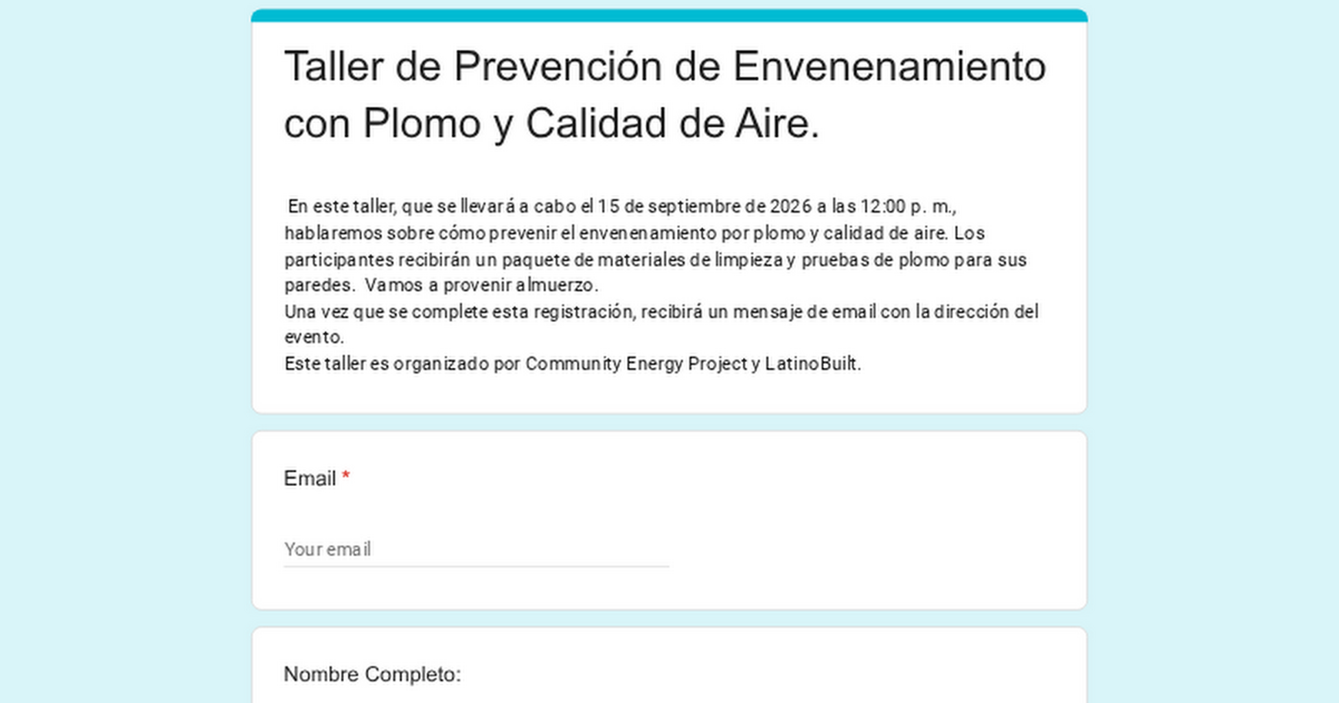 Taller de Prevenci&oacute;n de Envenenamiento con Plomo y Calidad de Aire