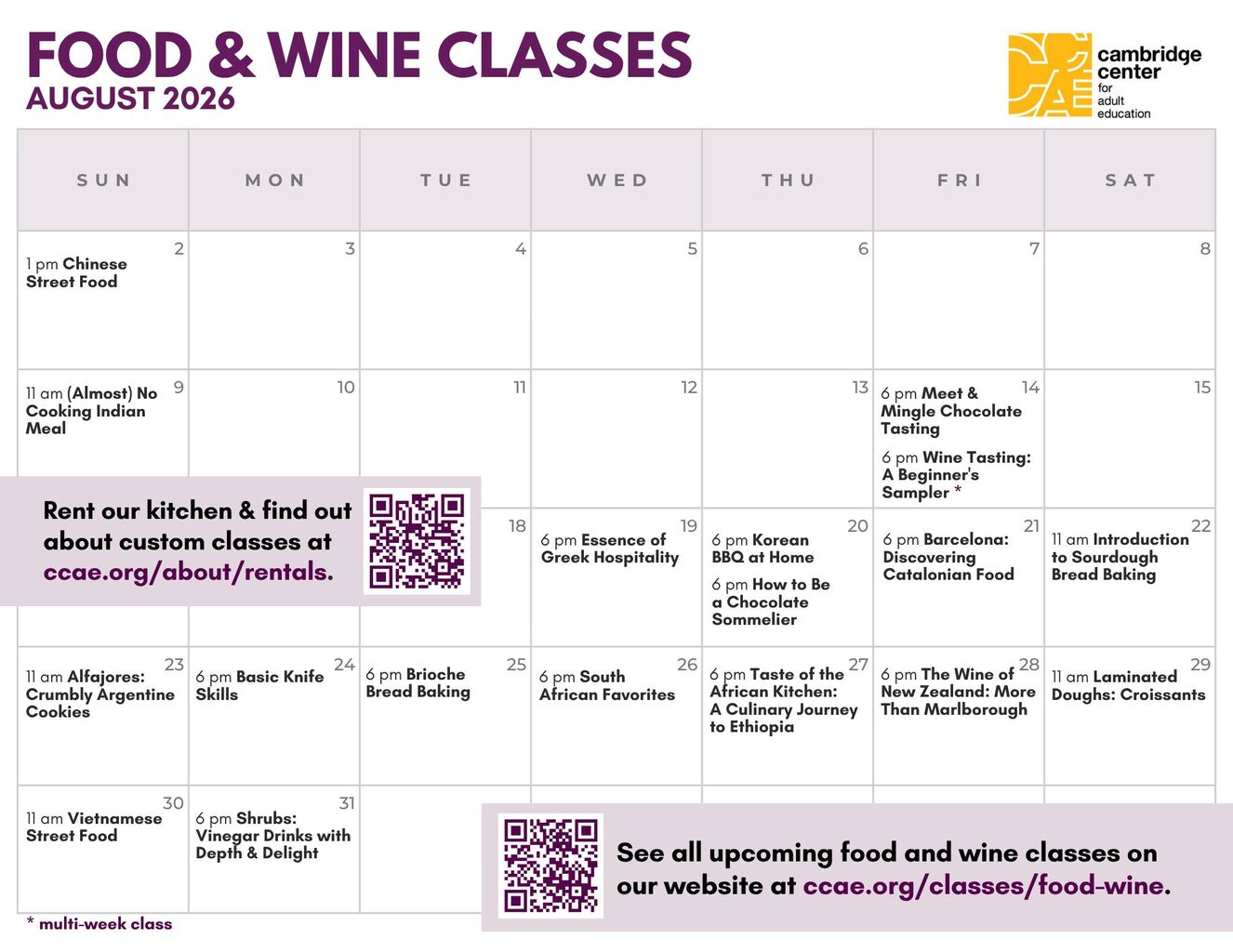 Food & Wine Class Calendar