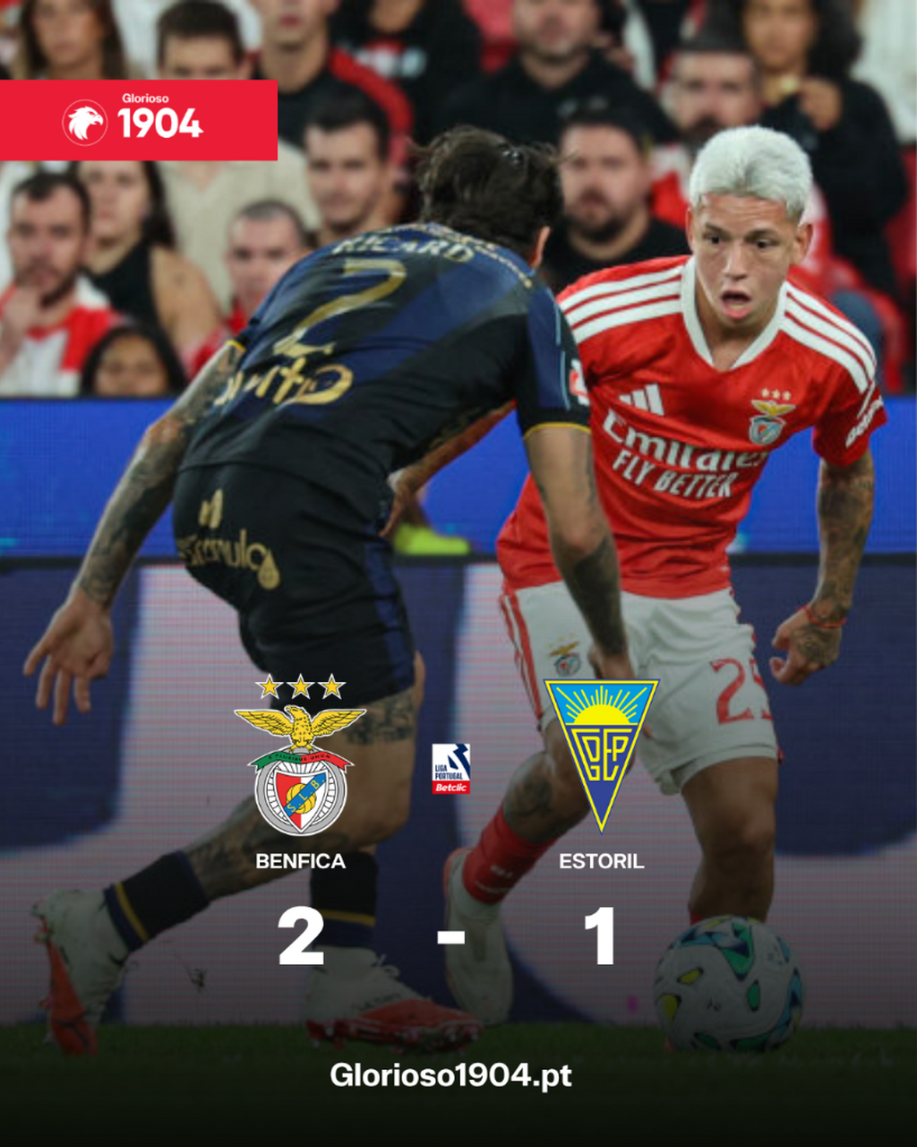Benfica bate Estoril pela margem m&iacute;nima (2-1) com gola&ccedil;o de Lenglet do meio da rua (V&iacute;deo)
