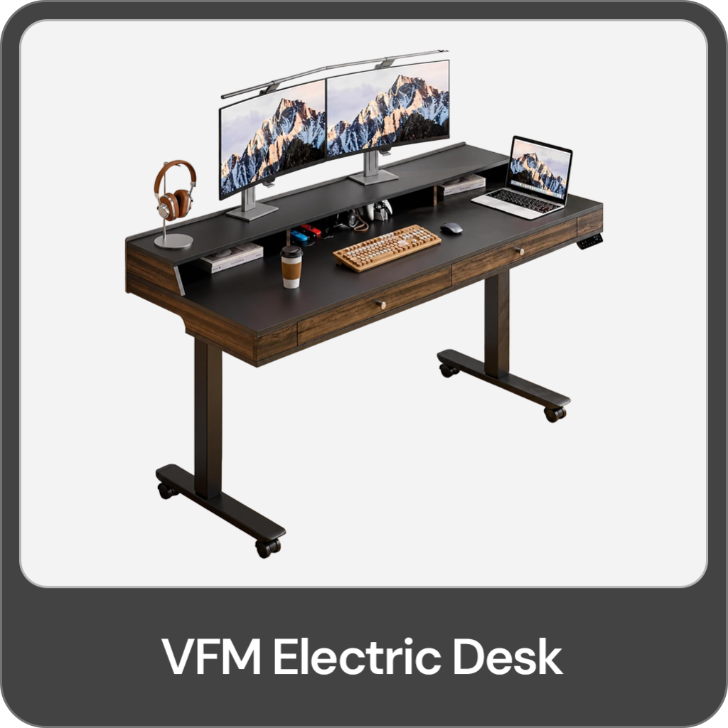 Electric desk with wheels and shelves